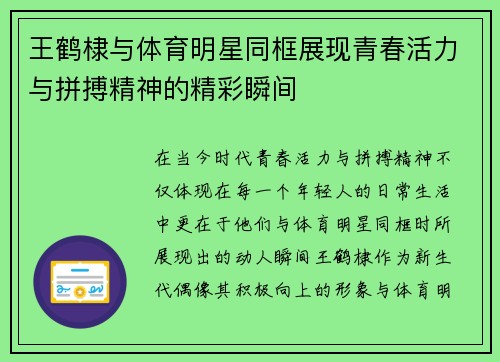 王鹤棣与体育明星同框展现青春活力与拼搏精神的精彩瞬间